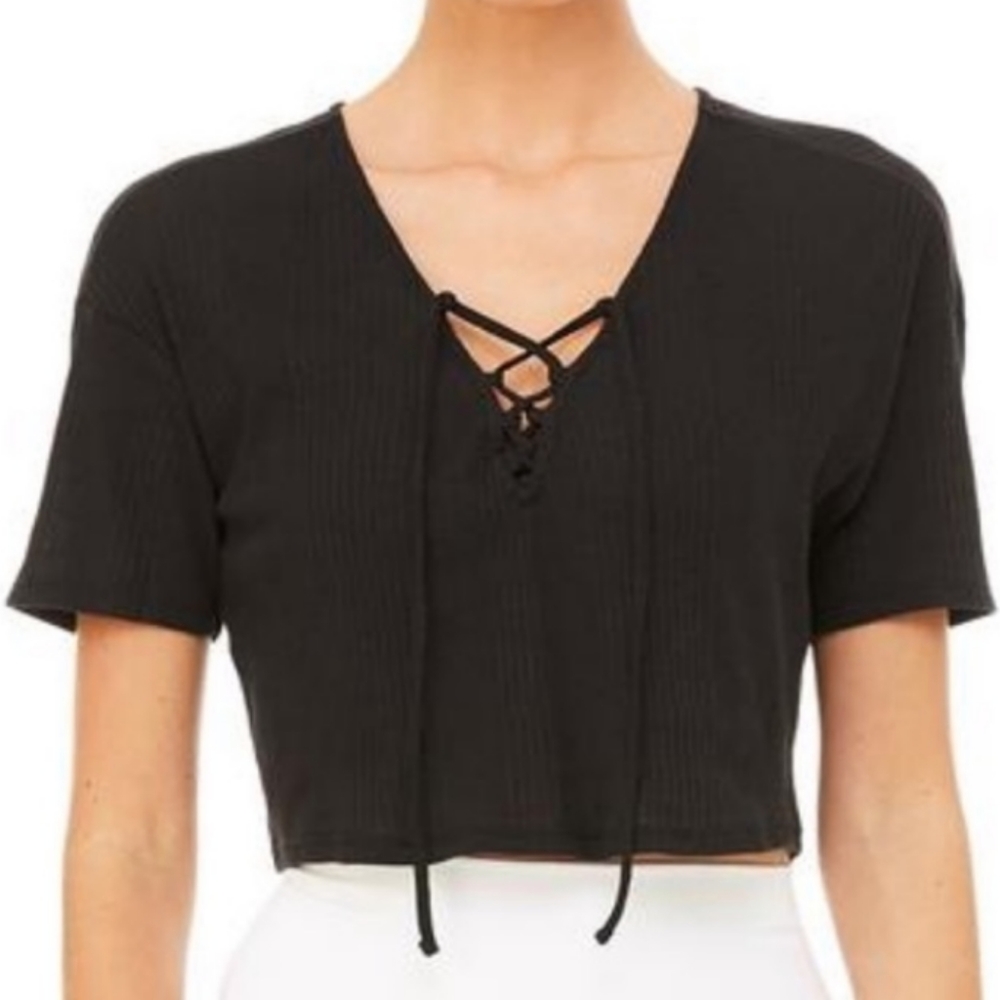 Alo Yoga Interlace Short Sleeve Black Crop Top